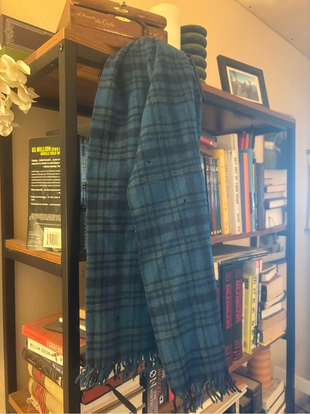 Pendleton Blue and Black Wool Plaid Scarf with Fringe